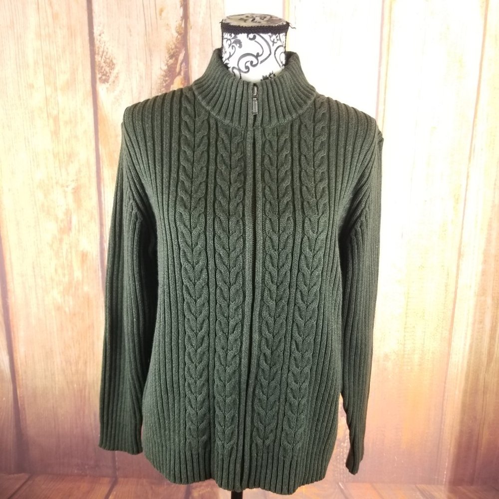 Land's End Green Cable Knit Zip Up Sweater